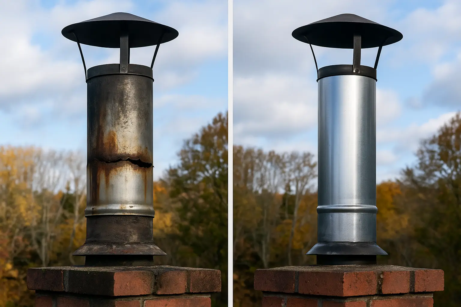 Side-by-side before and after images showing a damaged flue restored to safe, efficient condition by Alpha CSI’s expert repair team.