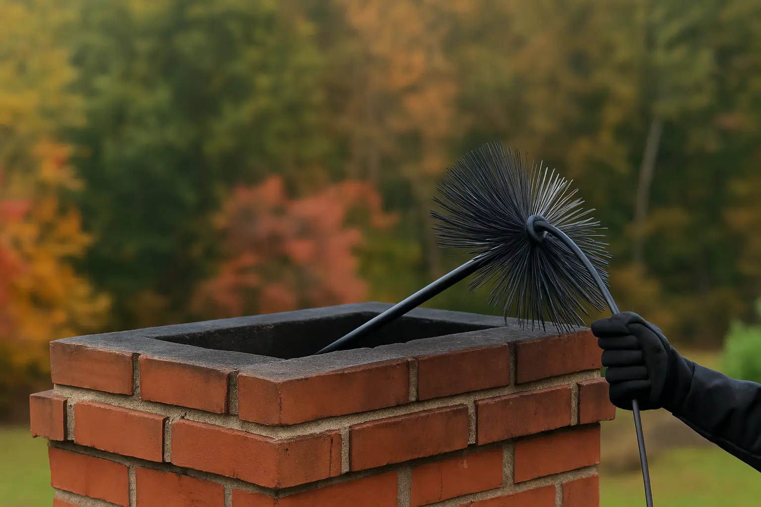 Chimney sweeping brush being lowered into a flue from the roof, part of Alpha CSI’s professional top-down cleaning process to remove soot and creosote safely.