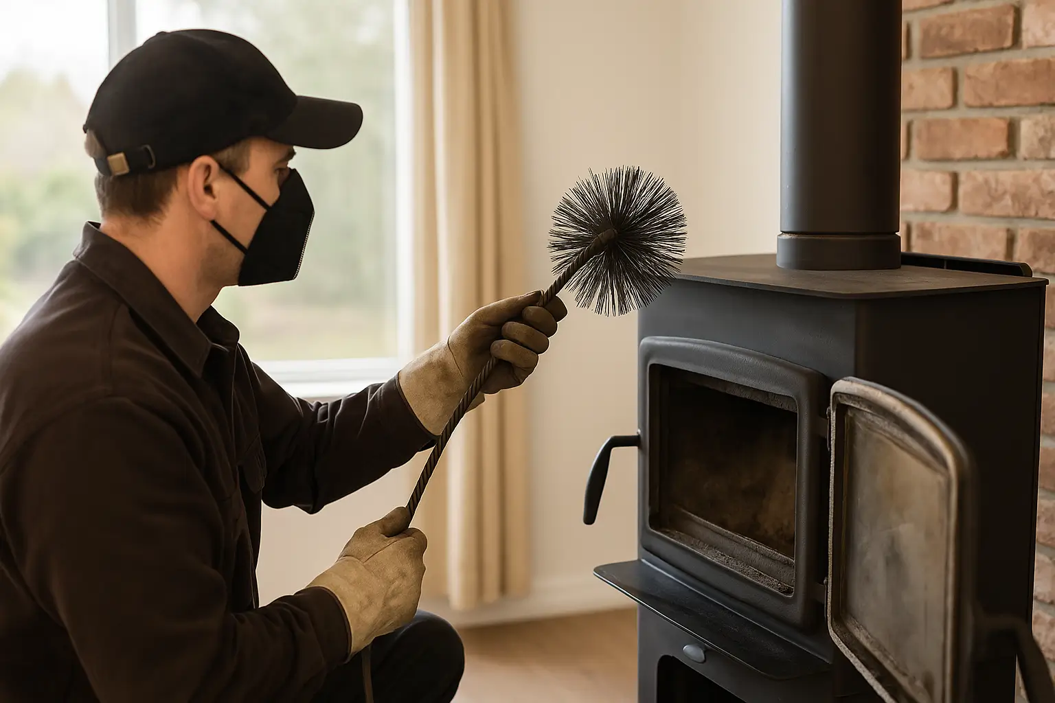 Alpha CSI technician preparing tools and protective gear to perform a professional chimney sweep, ensuring a clean and safe fireplace system.