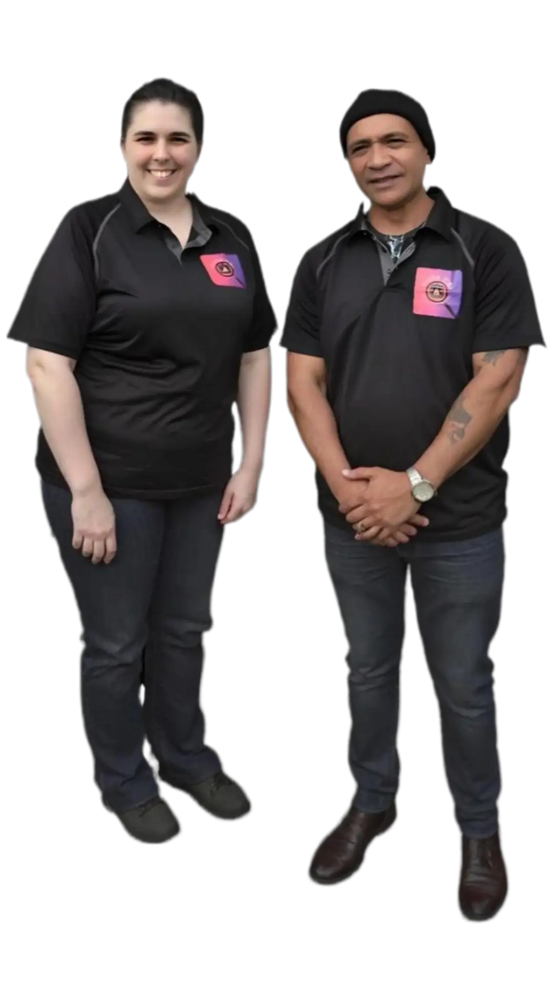 Full-length photo of Alpha CSI founders Alana Henderson and Gemmal Rangihaeata, proudly representing their chimney and fireplace service expertise and dedication.