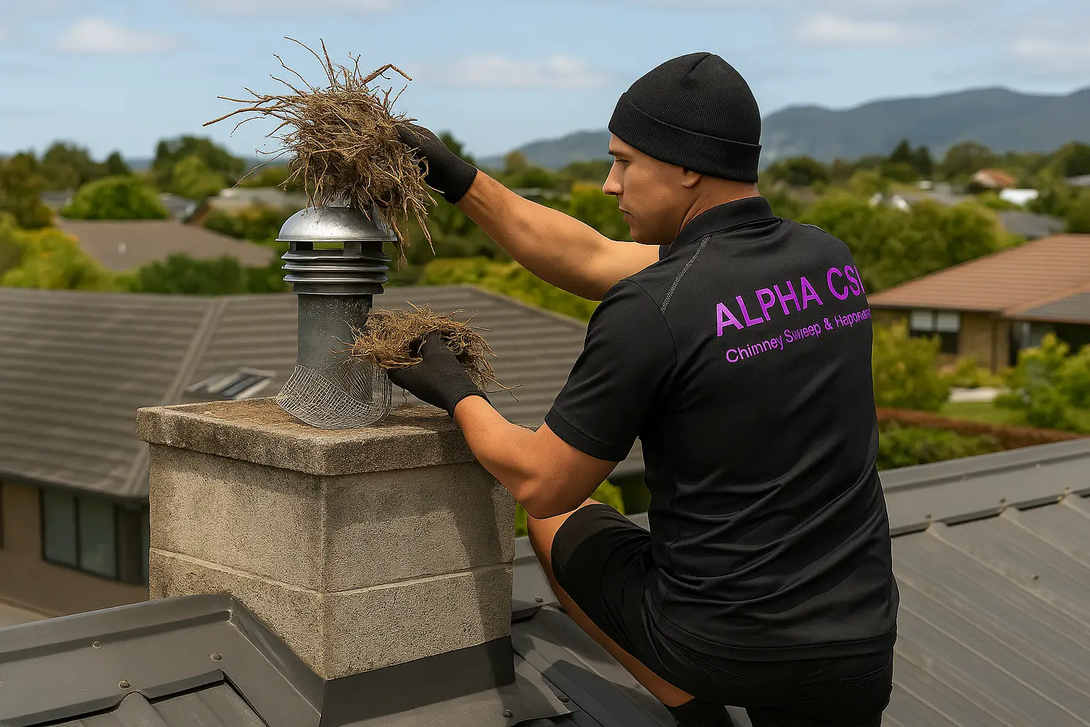 Alpha CSI’s Gemmal on the roof removing a bird nest from the top of a chimney, preventing blockages and restoring safe fireplace ventilation.