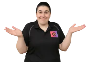 Smiling woman gesturing to submit your query, representing Alpha CSI’s friendly and responsive customer support for chimney and fireplace service inquiries.