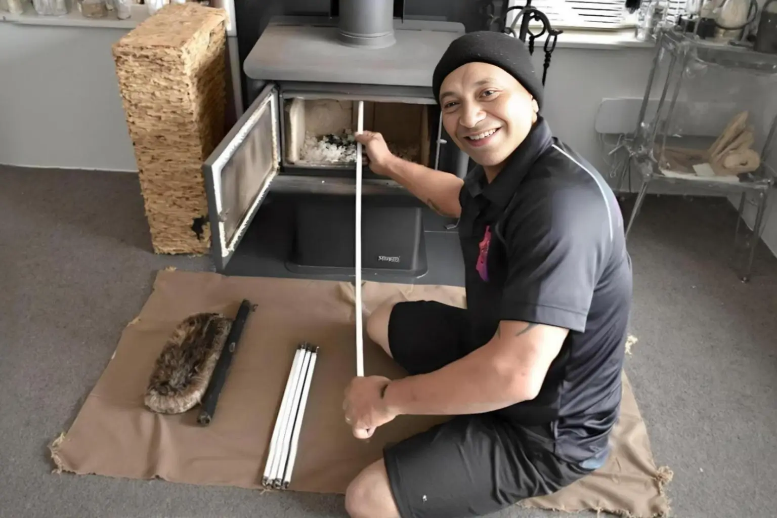 emmal from Alpha CSI professionally sweeping a wood stove fireplace using specialist tools to ensure safety and efficiency for a local homeowner.