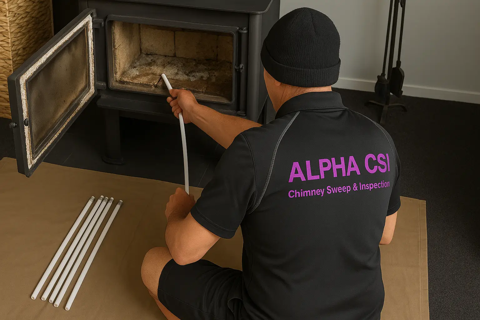 Alpha CSI’s Gemmal sweeping a chimney from inside the home using high-powered tools, ensuring a thorough, mess-free clean for safe fireplace use