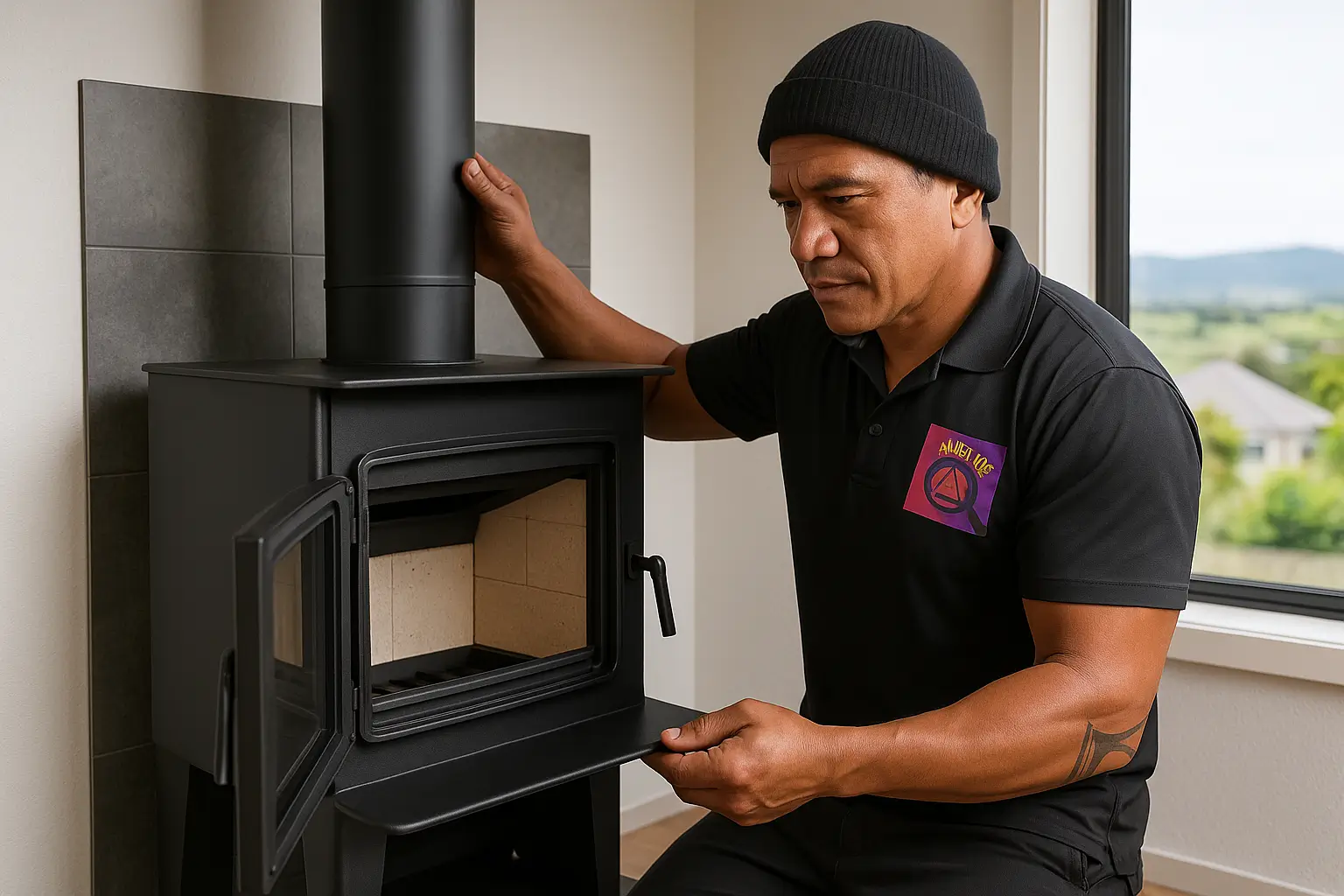 Alpha CSI’s Gemmal expertly installing a new fireplace, ensuring safe setup, compliance, and optimal performance for a home in the Greater Wellington region.