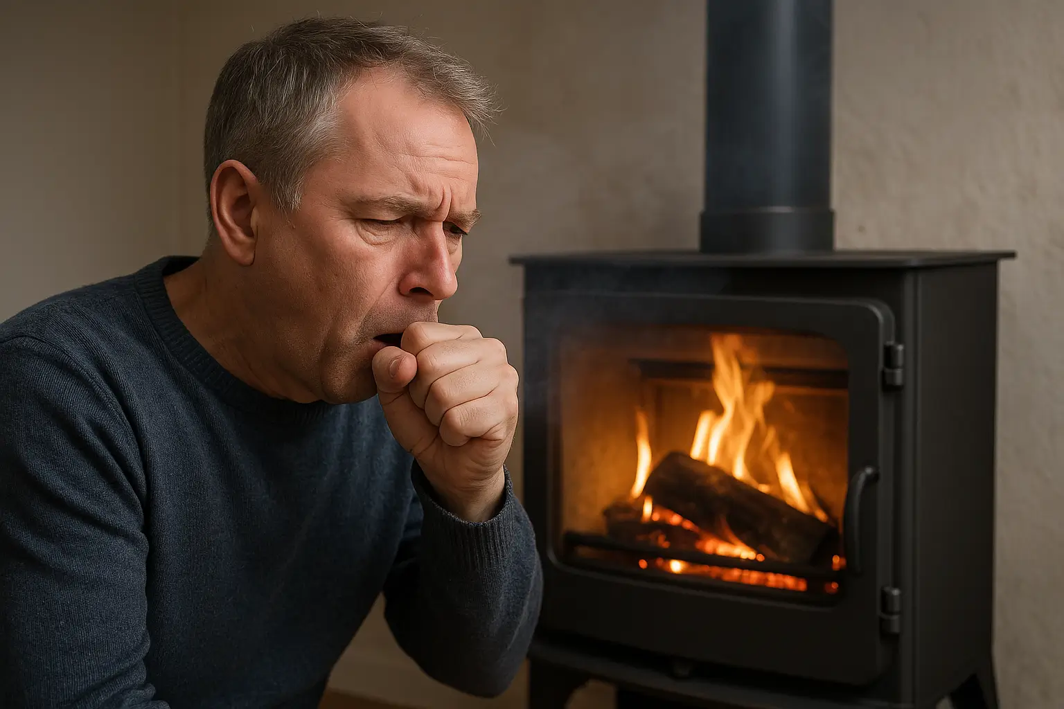 Man coughing indoors from fireplace smoke, highlighting the importance of proper chimney maintenance and inspection to prevent airflow and ventilation issues