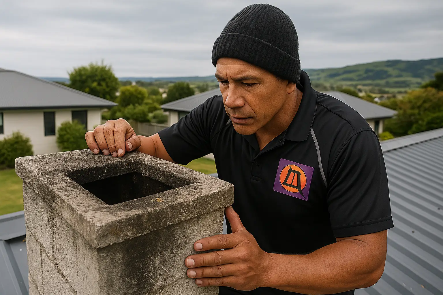 Alpha CSI’s Gemmal conducting a roof-level chimney inspection, ensuring structural safety and compliance for homeowners across Greater Wellington and Kapiti.