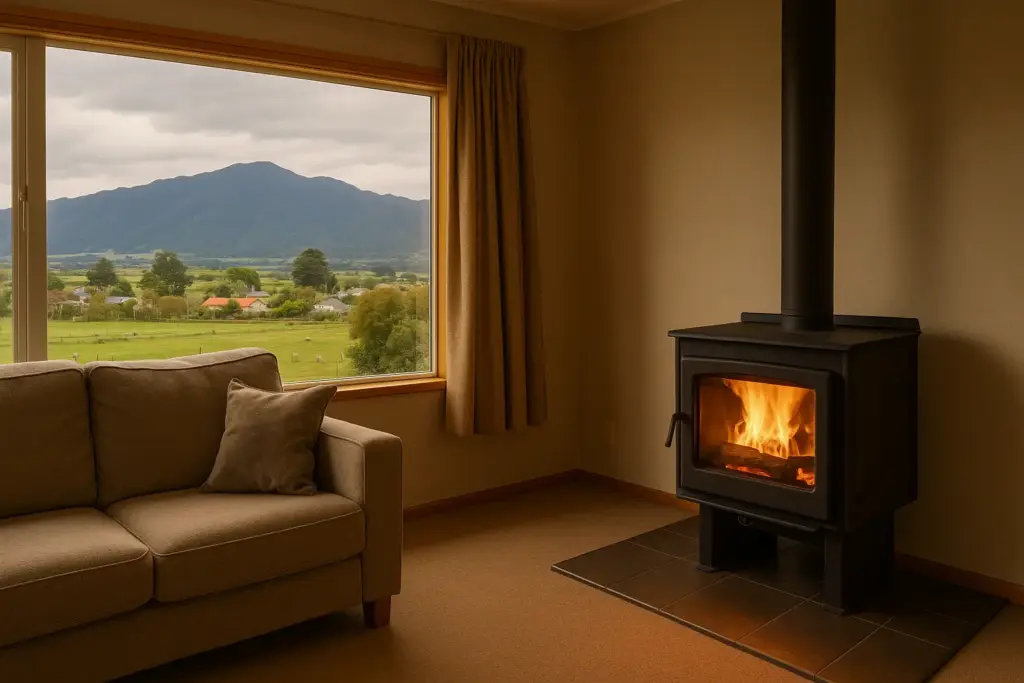 A warm living room in Ōtaki featuring a lit wood-burning fireplace, beige sofa, and a large window with scenic views of farmland, sheep, and distant mountains.