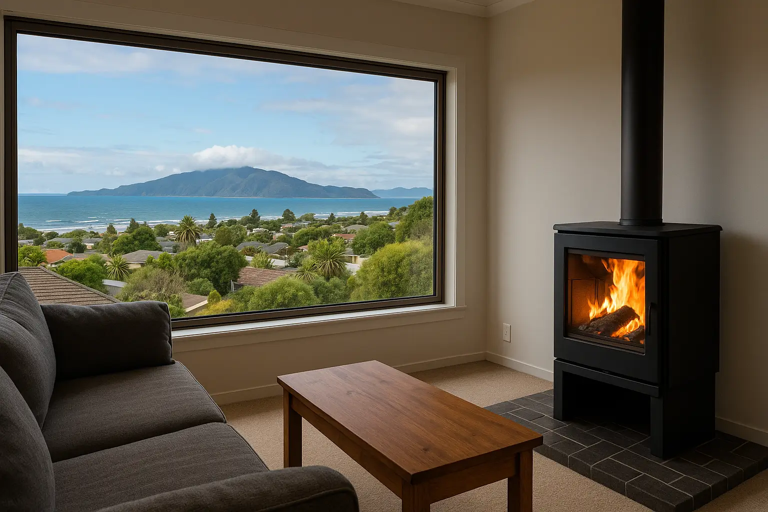 A modern living room in Paraparaumu with a wood-burning fireplace and large window offering a scenic view of Kapiti Island and the surrounding coastal suburb.