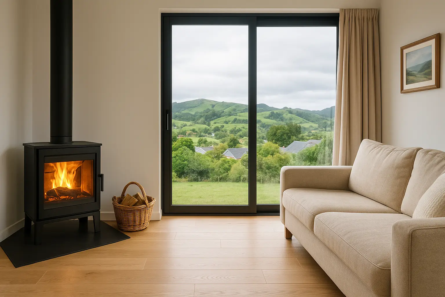 A bright living room with a lit black wood-burning stove, beige sofa, and large glass doors opening to lush green hills and rooftops under a cloudy sky in Waikanae
