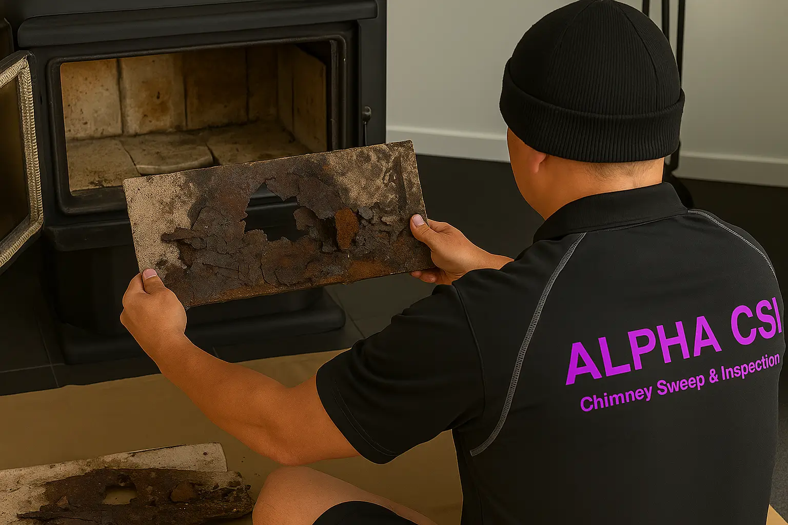 Alpha CSI technician holding a damaged component from a wood burner, highlighting the need for timely repairs to maintain safe and efficient heating.