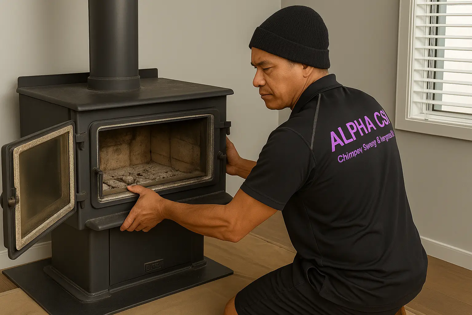 Alpha CSI’s Gemmal carefully removing an old woodfire unit, ensuring safe extraction and compliance for replacement or decommissioning in a client’s home.