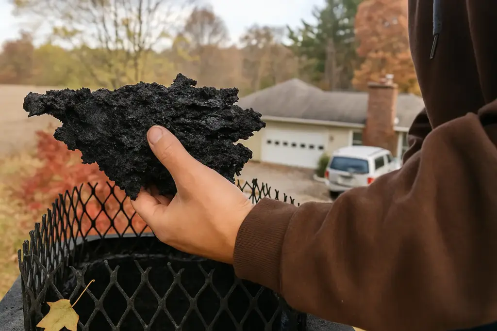 Alpha CSI technician holding a large mass of caked soot removed from a chimney, demonstrating the fire hazards of neglecting regular fireplace maintenance.